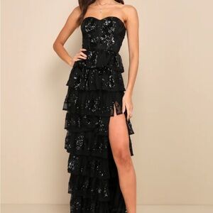 Strapless Black Sequin Tiered Ruffle Evening Gown